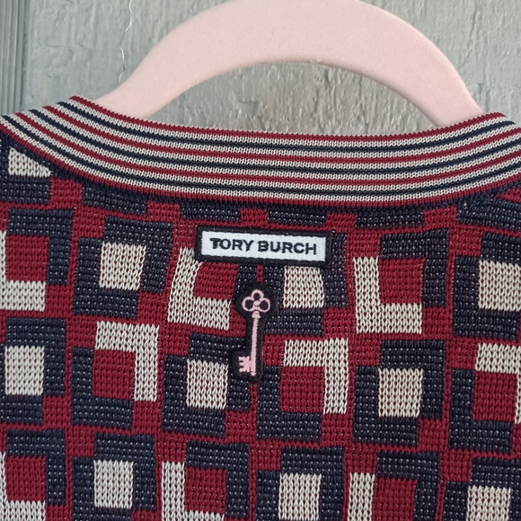 Tory Burch Logo Jacquard Cardigan Size S Women Preppy In Light Royal Burgandy - Picture 8 of 15